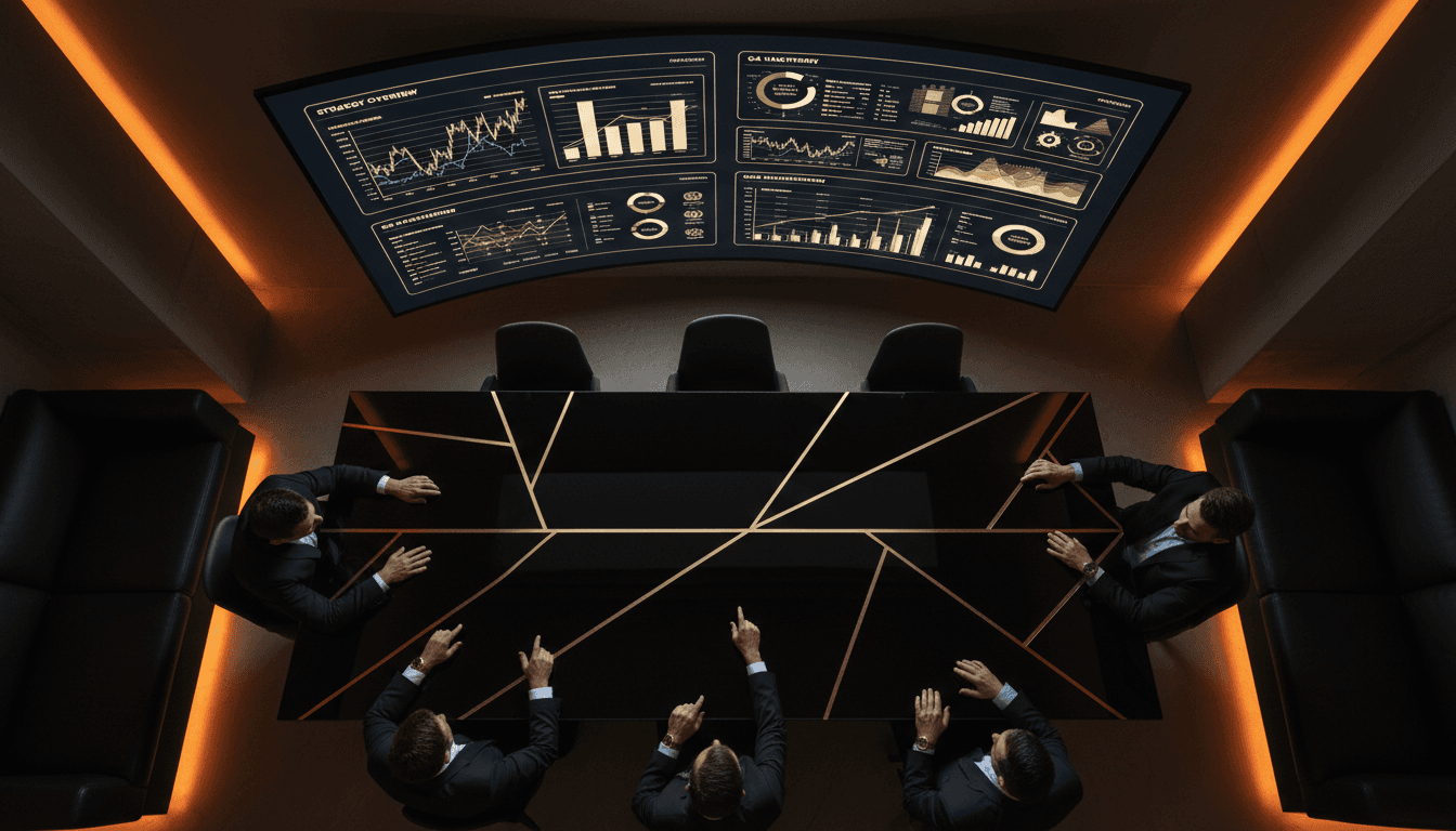 Team planning session with SaaS dashboard and growth metrics displayed