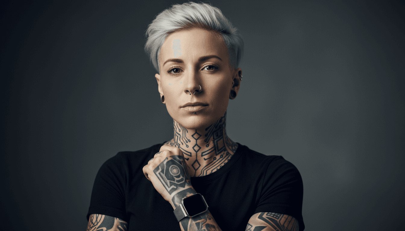 Confident female founder with platinum blonde hair and tech-founder aesthetic