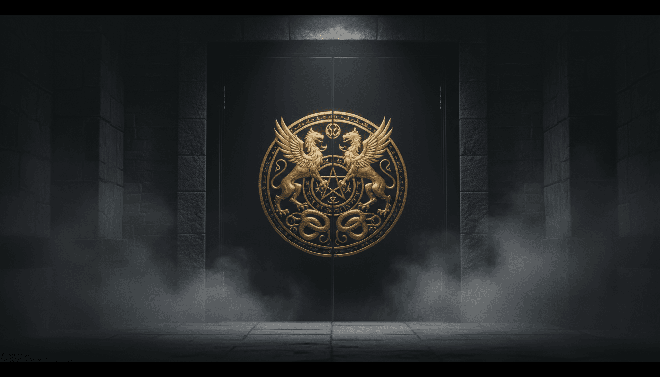 Exclusive gold sigil on black speakeasy door in atmospheric underground lounge