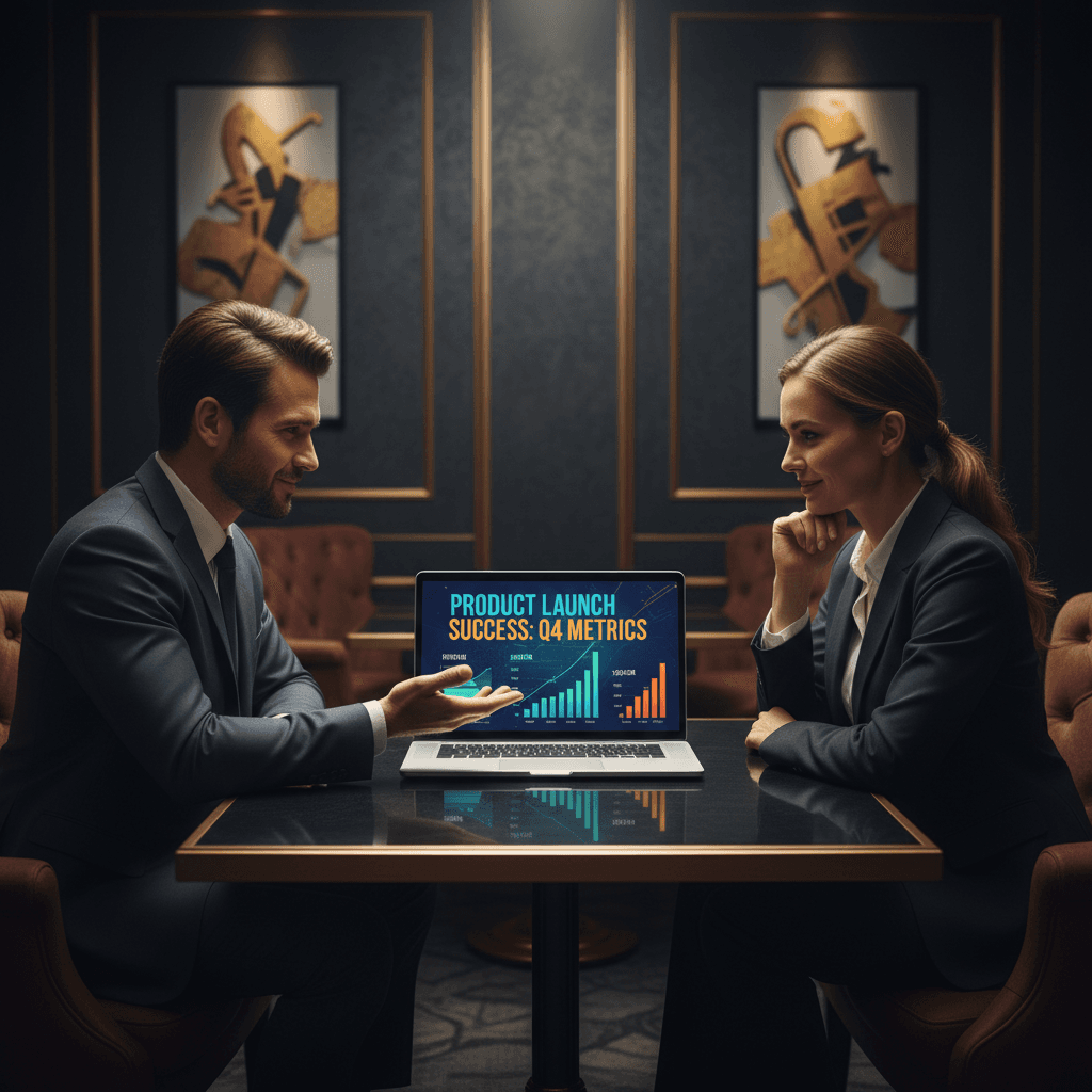 Client reviewing successful digital product launch results