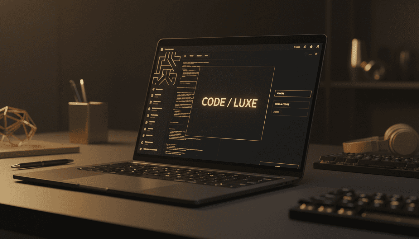 Custom digital product displayed on laptop screen with gold and black aesthetic