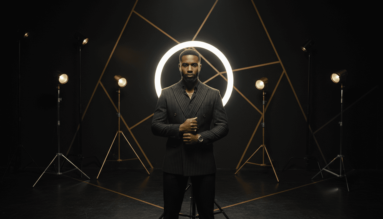 Professional content creator in studio setup with professional lighting and black backdrop
