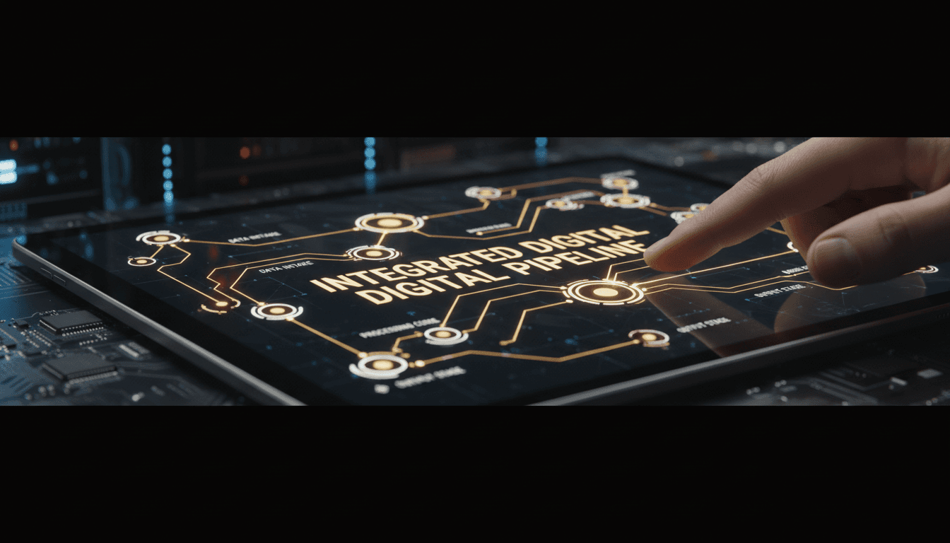 Close-up of interconnected workflow visualization on tablet screen