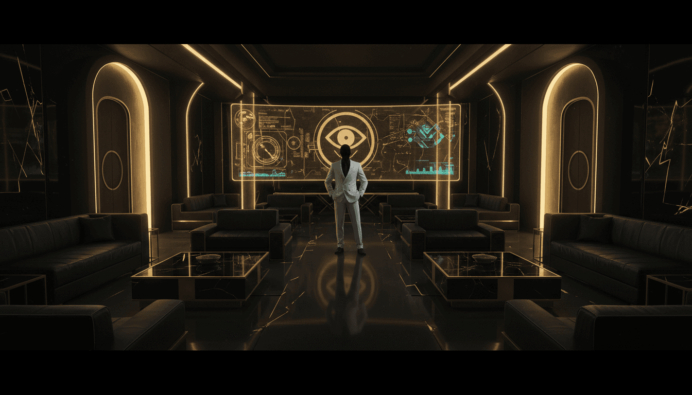 Luxury underground lounge with black and gold aesthetic, secret society setting