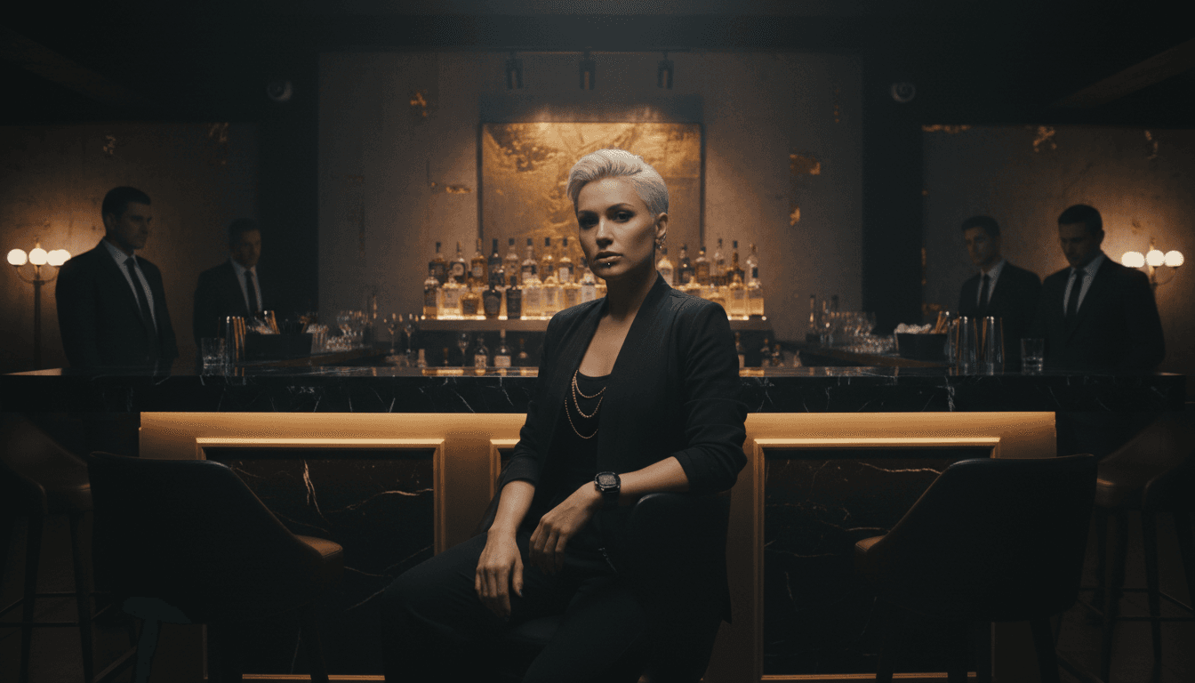 Exclusive underground lounge with sophisticated black and gold interior, featuring a confident entrepreneur at the bar in a modern luxury setting