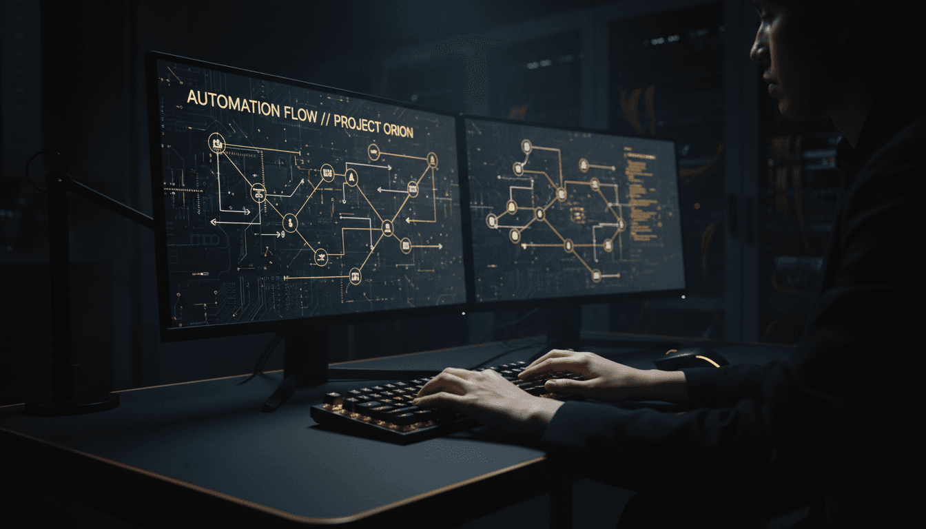 Hands operating automation workflow displayed on dual monitors with gold visualization